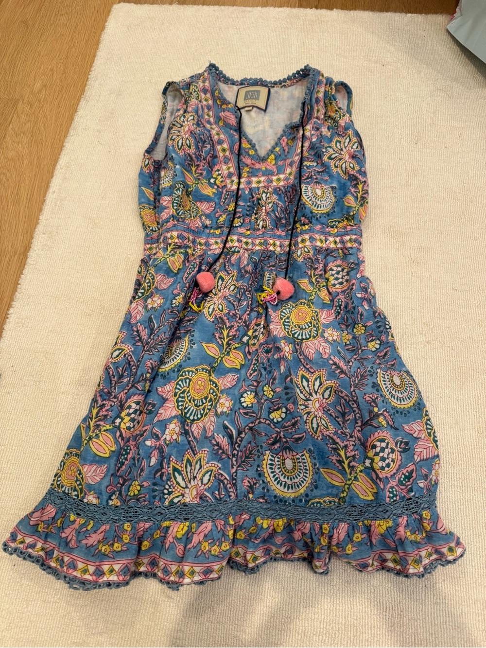 Blue Floral Sleeveless Boho Dress with Pom Tassels